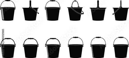 Black plastic buckets with handles in two rows of five each