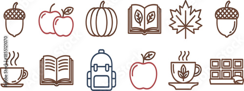Autumn Fall Season Icons Set: Acorn, Pumpkin, Apple, Maple Leaf, Hot Coffee, Book, Backpack, and Chocolate Bar