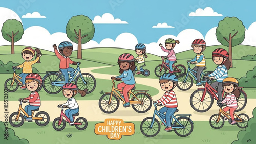 Children riding bicycles on a sunny day in a park celebrating childrens day with a group of happy kids wearing helmets and having fun together outdoors