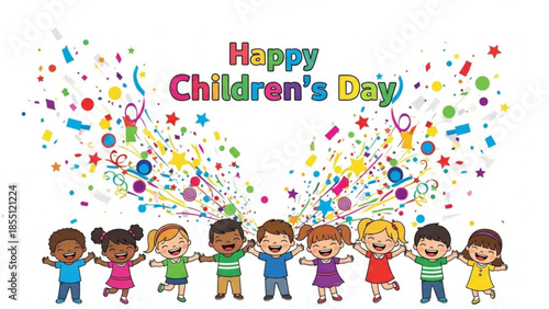 Diverse group of happy children celebrating children's day with colorful confetti and stars