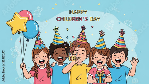 Happy children's day celebration with diverse kids in party hats, balloons and confetti, joyful and smiling, festive atmosphere, kids with gifts