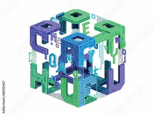 Abstract Cube with Lettering - Conceptual Illustration on Technology, Data and Communication