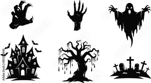 Black silhouettes of ghost hands, haunted house, dead tree, and graveyard with crosses