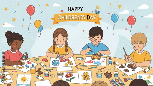 Diverse children engaged in creative art activities on children's day with colorful balloons and stars
