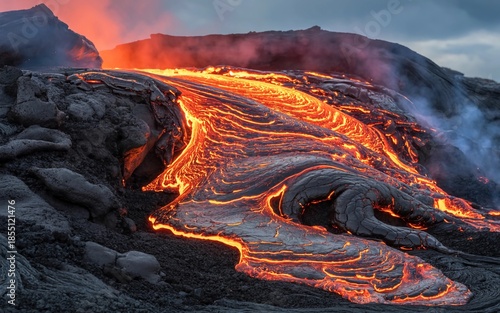 vibrant orange lava stream on dark volcanic rock