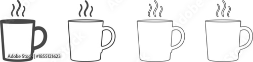 Hot Coffee and Tea Mug Line Icon Set: Steam, Morning Drink, Breakfast, Cafe, and Warm Beverage