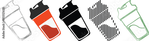 Sport supplement shaker icons set gym nutrition bottle vector health lifestyle symbols fitness drink equipment pack