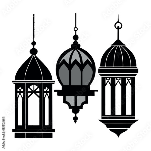 Minimal flat vector illustration of vintage street lamps, three glowing lamp posts on a small grassy base, warm yellow light, clean outlines, modern icon style, soft colors, white background