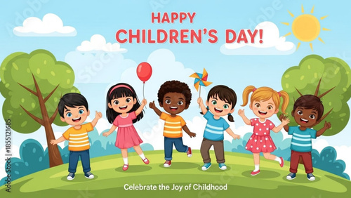Diverse group of happy children celebrating children's day outdoors in a park with trees and sunny sky