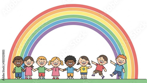 Diverse group of happy children standing under a large colorful rainbow togetherness unity friendship