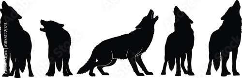 Five black wolf silhouettes howling and standing in a row