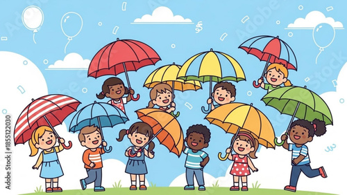 Diverse group of happy children playing with colorful umbrellas on a sunny rainy day with clouds and balloons