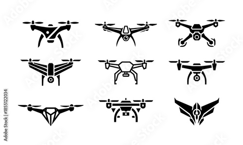 Collection of Drone Icons and Silhouettes for Technology and Aviation.