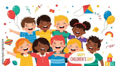 Diverse group of happy children celebrating children's day with balloons and toys, smiling and having fun together