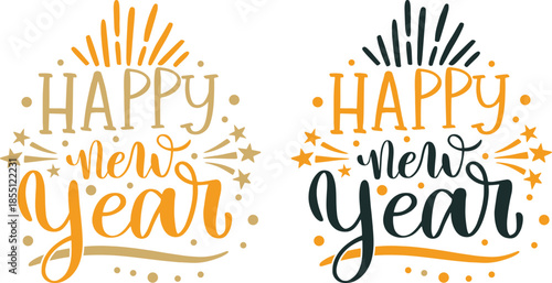 Happy New Year icon set. Lettering text for Happy New Year.