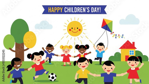 Happy children's day celebration with diverse kids playing outside in sunny park with kite and ball