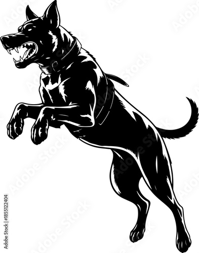 Aggressive military dog leaping in attack silhouette vector illustration