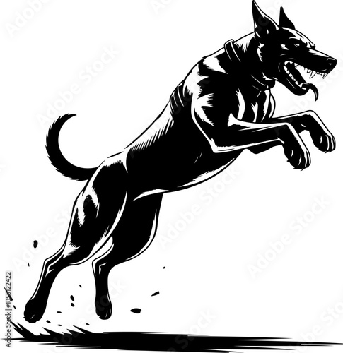 Aggressive military dog leaping in attack silhouette vector illustration