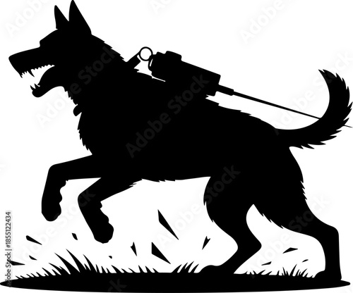 Aggressive military dog leaping in attack silhouette vector illustration