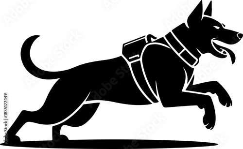 Aggressive military dog leaping in attack silhouette vector illustration