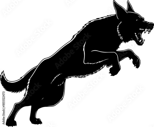 Aggressive military dog leaping in attack silhouette vector illustration
