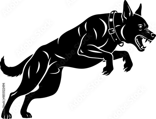 Aggressive military dog leaping in attack silhouette vector illustration