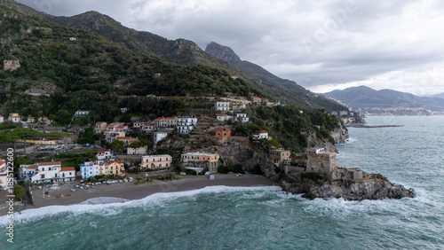 Drone aerial view of Erchie small Amalfi Coast village