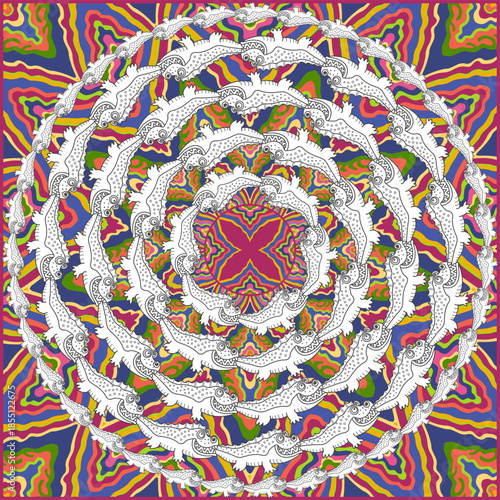 Vector scarf print of black and white crocodiles on a bright ornate geometrical background