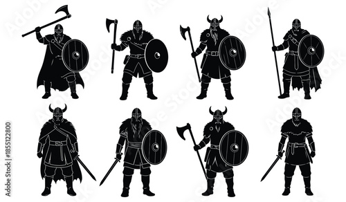 Viking warrior silhouettes set, Norse mythology figures with axe, sword, shield, historic and legendary fighters vector