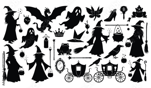 Witchcraft and wizardry silhouettes set isolated on white background, halloween magic collection with spooky characters