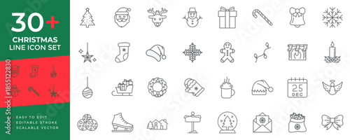 Christmas line icon set of editable icons for Christmas, winter holidays, and New Year celebrations, featuring Santa, reindeer, gifts, candy cane, snowflake, and various festive decorative designs.
