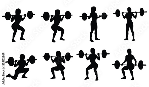 Woman weightlifting silhouette set isolated on white background flat vector illustration for gym and fitness designs