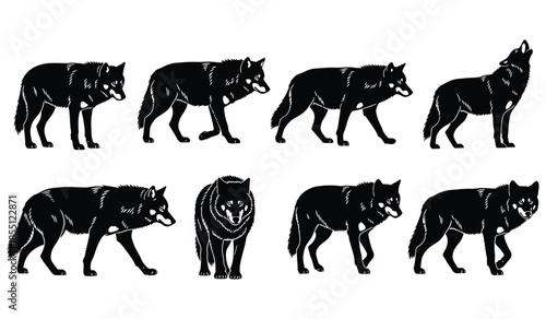 Wolves silhouettes vector set, howling wolf, walking, running, standing, and sniffing poses, wild animal predatory mammals illustration isolated