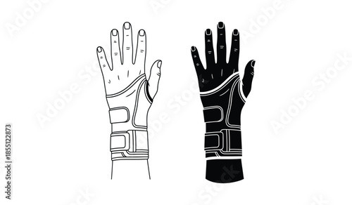 Wrist brace support for wrist injury treatment black and outline style isolated on white background for medical use