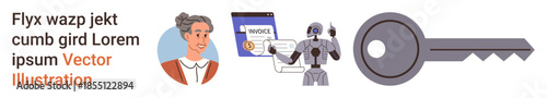 Digital security, AI integration, authentication, invoice management, financial technology, access control. AI robot, invoice interface person profile and key. Digital security and AI integration