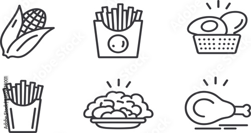Fried Food and Snack Icon Set: Corn, French Fries, Eggs, Fried Rice, and Chicken Drumstick