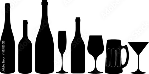 Collection of various beverage containers including wine bottles, champagne flutes, beer mugs, and martini glasses rendered in silhouette