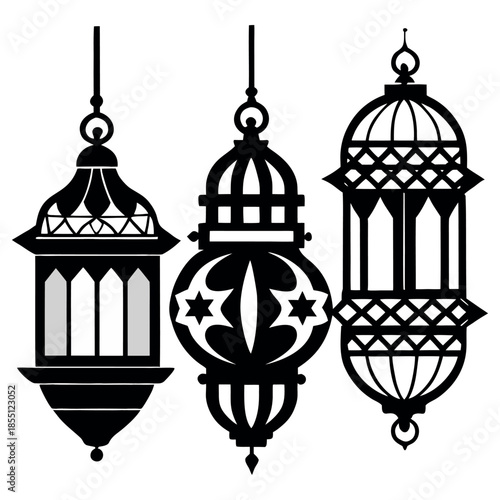 Minimal flat vector illustration of vintage street lamps, three glowing lamp posts on a small grassy base, warm yellow light, clean outlines, modern icon style, soft colors, white background