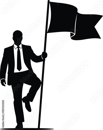 Man in suit holding black flag on pole silhouette