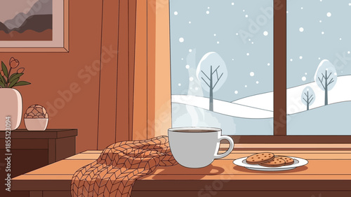Cozy Coffee Cup and Cookies by Window.
