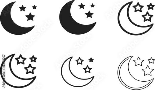 Moon and Stars Icon Set: Night, Celestial Body, Sleep, Astrology, Sky, and Simple Outline Design