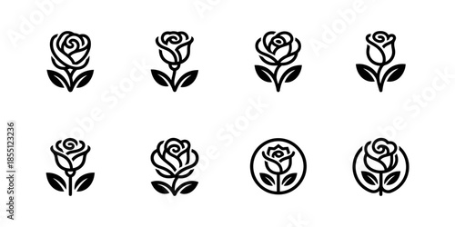 Set of Minimalist Rose Flower Icons and Logos in Black and White.