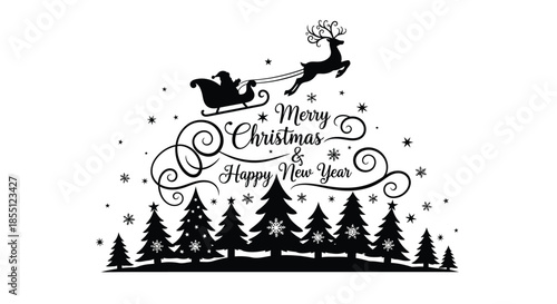 Festive christmas scene with reindeer sleigh trees and holiday greetings