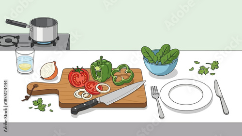 Cutting Board with Vegetables and Knife.