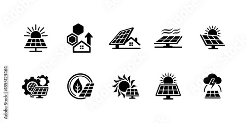 Solar Energy Panels and Renewable Power Icons Set.