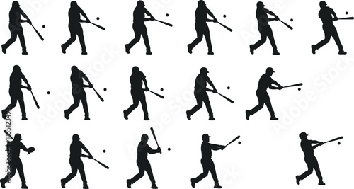 Silhouette of baseball player swinging bat in multiple motion sequence