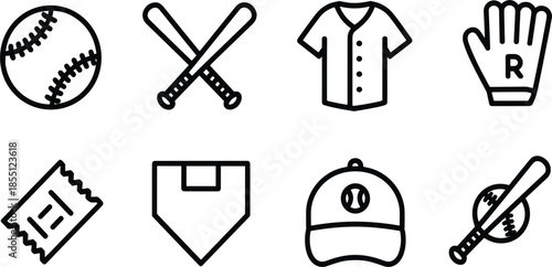 Baseball Sports Equipment Icon Set: Ball, Bat, Jersey, Glove, Cap, and Home Plate Field