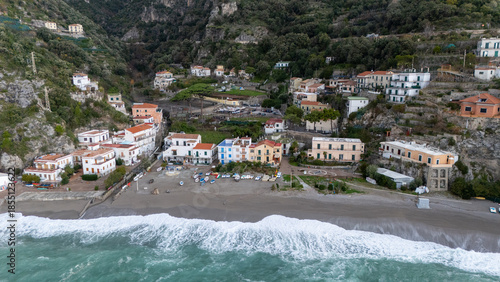 Drone aerial view of Erchie small Amalfi Coast village