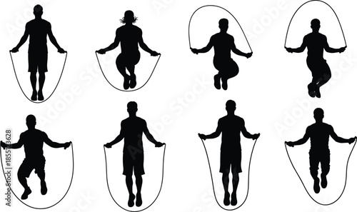 Silhouettes of people jumping rope in various positions exercise fitness