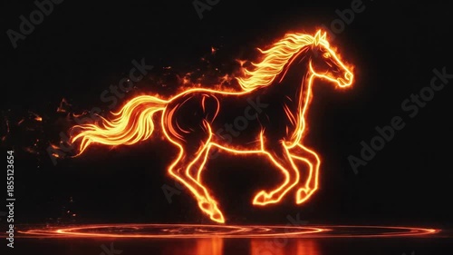 Dynamic cgi animation captures an energetic horse running, outlined by bright orange neon flames and leaving glowing trails on the isolated black surface.